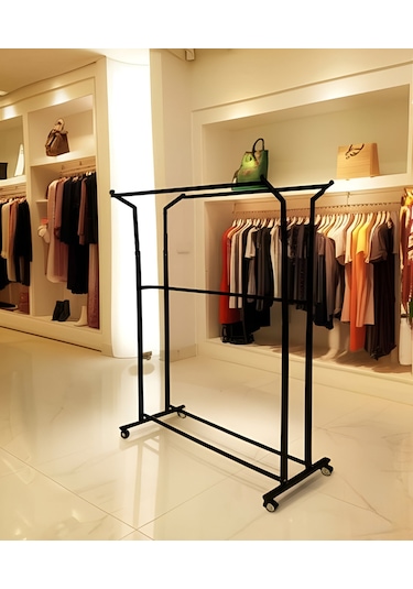 Premium 170 Cm Çelik Konfeksiyon 105 Cm En Elbise Askılık Tekerlekli Demonte Portmanto Hanger Siyah