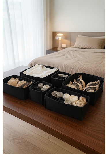 Keçe Çekmece Ve Dolap Düzenleyici Organizer Seti 6 Parça Siyah, Çok Amaçlı Düzenleyici Kutular Siyah