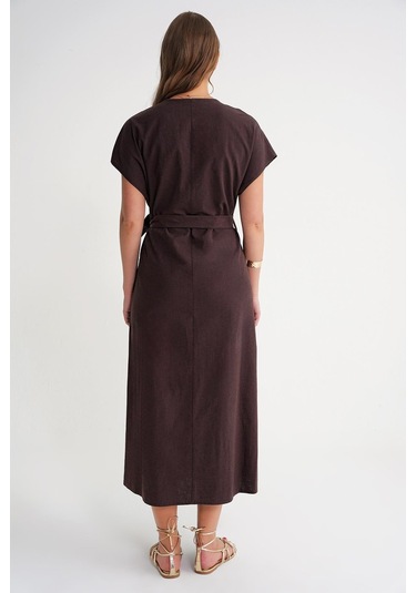 4721 Kadın V Yaka Düğme Detaylı Keten Elbise Kahve Kahve