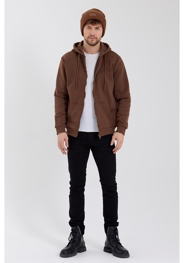 Age Of State Nakışlı Fermuarlı 3 İplik Sweatshirt Kahverengi