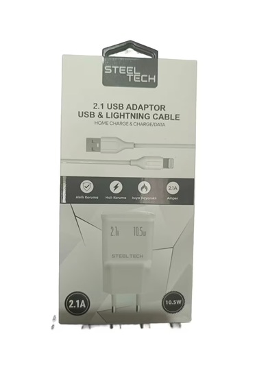 Steeltech 5v 2.1a 10w 1mt Usb 3.0 Ev Şarj Kafa + Lightning Şarj Kablosu 1 Metre Kablo + Başlık