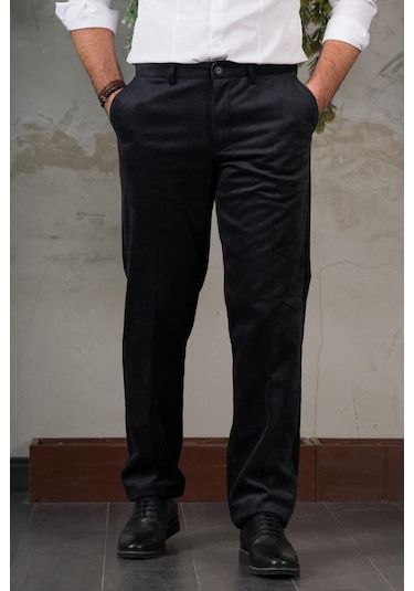 İnce Fitilli Regular Kesim Boru Paça Erkek Kadife Pantolon siyah Siyah