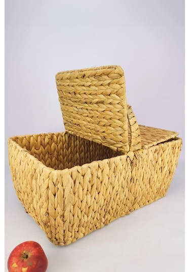 Digithome Hasır Bambu Kapaklı Piknik Sepeti Dikdörtgen Piknik Çantası Kahverengi - Cl-5004