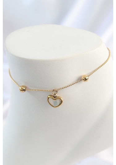 Nova Bazaar 316l Çelik Gold Renk Sallantı Mineli Kalp Figür Topçuk Detay Kadın Halhal Altın