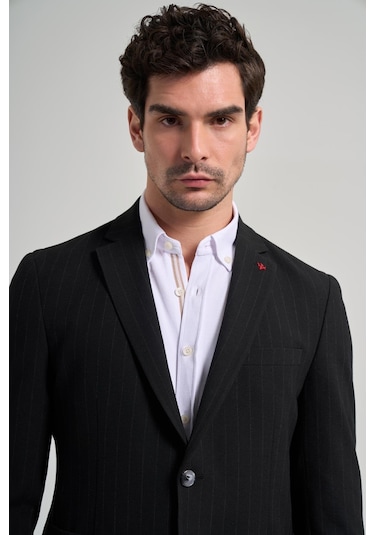 Çizgili Desen Gofreli Mono Yaka Esnek 6 Drop Slim Fit Ceket 1002250122 Siyah