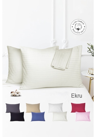 Çizgili Saten 2'li Yastık Kılıfı Ekru