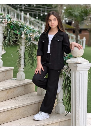 Modavals Kol Katlamalı Keten Gömlek Cepli Keten Alt & Suprem Askılı Badi 3lü Kız Çocuk Takım Siyah