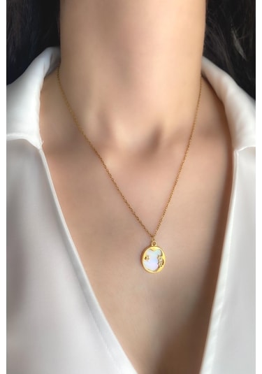 Kadın Çelik Kolye Sedef Mineli Yuvarlak Model Üç Yıldız Kolye Altın