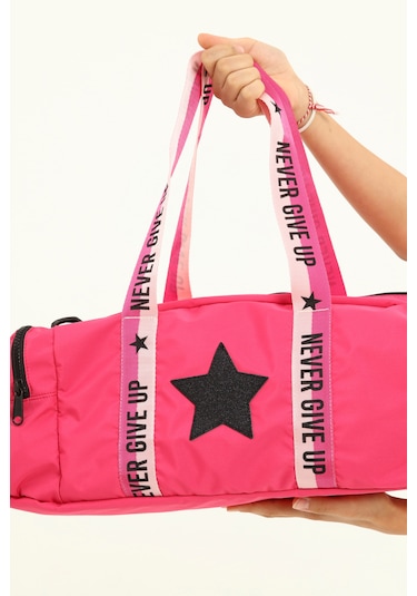 Kız Çocuk Yıldız Baskılı Spor Çanta, Yan Cepli Spor Çanta, Pembe Fuşya