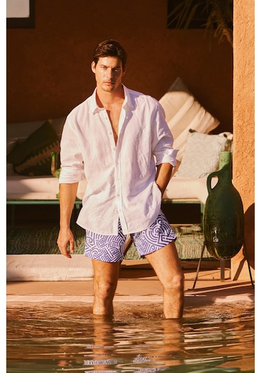 AC&Co / Altınyıldız Classics Erkek Beyaz Comfort Fit Rahat Kesim Düğmeli Yaka Keten Gömlek - Beyaz