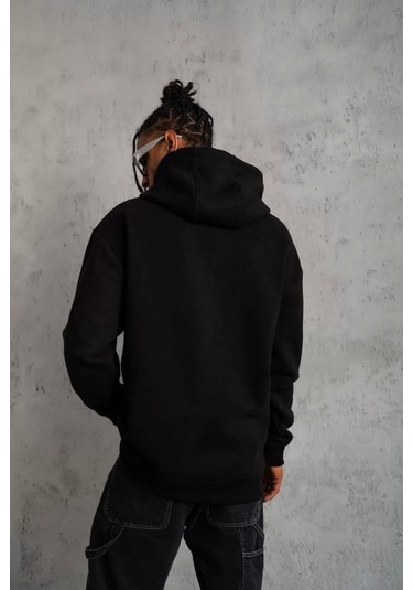 Erkek Düz Kapüşonlu Sweat - Siyah Siyah