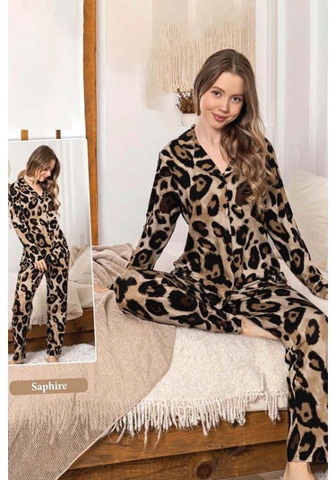 Kadın Leopar Desen Düğmeli Saphire Pijama Takımı 0333 Kahverengi Kahverengi
