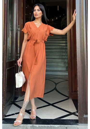 Kiremit V Yaka, Kısa Kol, Airobin Kumaş, Omuz Detaylı, Kemerli/kuşaklı, Önden Yırtmaçlı Maxi Elbise Kiremit
