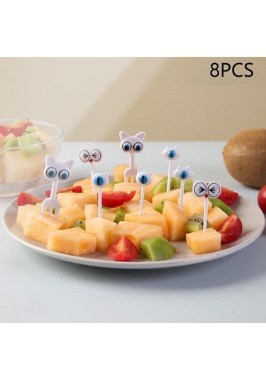 8 Adet Sevimli Kedi Gözü Meyve Çatalı Yaratıcı Hayvan Meyve Çubukları Mini Karikatür Bento Çocuk Dekorasyonu Ev Çok Renkli