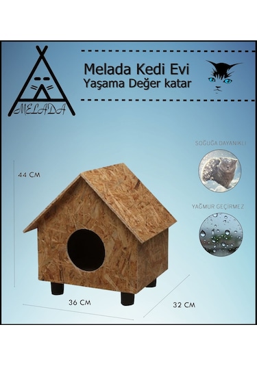 Melada Kedi Evi Dış Ortam Uygun Ahşap Kedi Evi Osb 44x36x32 Cm