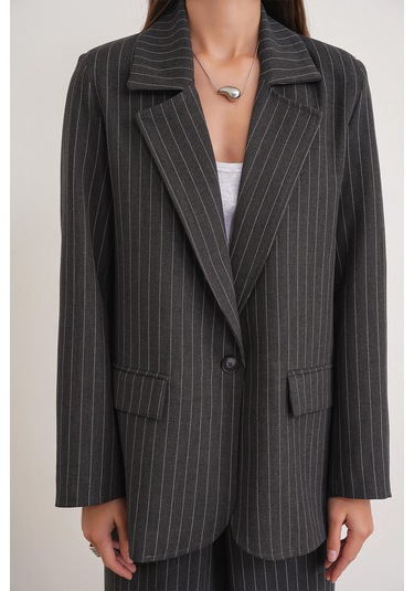 4753 Kadın Çizgili Oversize Blazer Ceket Antrasit Antrasit