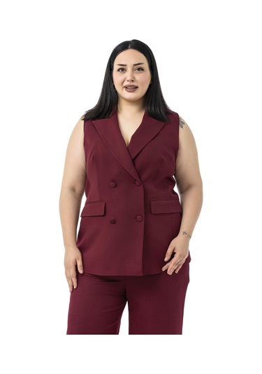 Büyük Beden Kaplama Düğmeli Yelek Pantolon Bordo İkili Takım Bordo