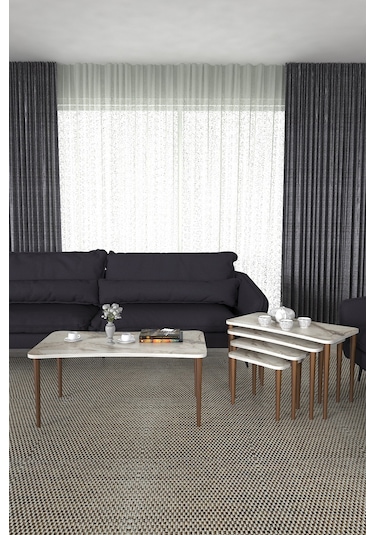 Aleyna 5li Orta Sehpa ve Zigon Sehpa Ahşap Ayaklı – Beyaz Mermer