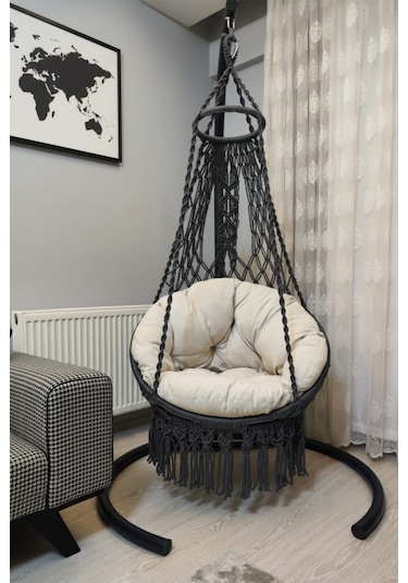 Tek Kişilik Makrome El Örgüsü Salıncak Mis38002antrasit Sadece Salıncak Antrasit Gri