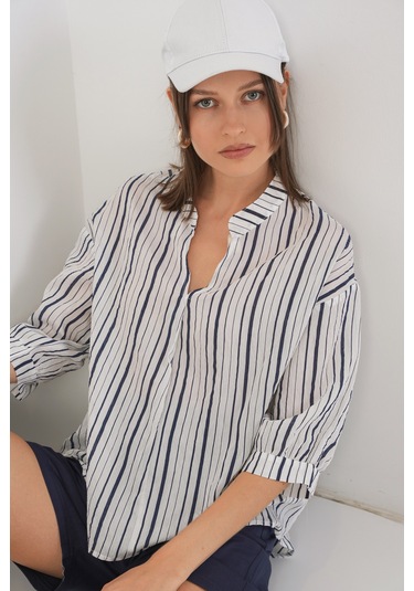 Bigdart Kadın Çizgili Oversize Bluz 967 - F.Lacivert