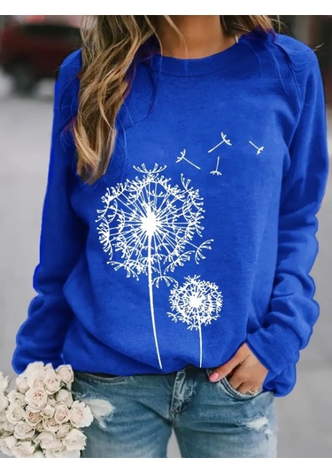 Kadın Uzun Kollu Bisiklet Yaka Çiçek Desenli Viskon Bluz Mavi