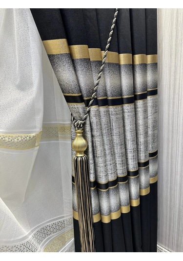 Nivemeshome Melanezya Siyah- Gold Şeritli 1/3 Sık Pileli Fon Perde Apm Siyah- Gold