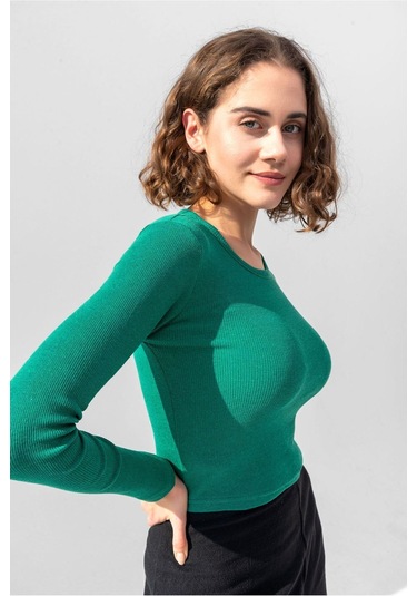 Gri Uzun Kollu Fitilli Bluz Crop Örme T-shirt Çimen Yeşili