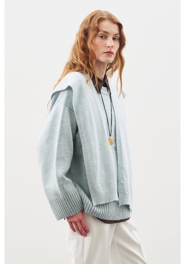 Kare Yaka Bağlamalı Triko Atkı Mavi Mavi