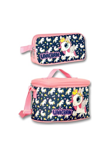 Cennec Unicorn Lacivert-pembe Kız Çocuk Isı Yalıtımlı Beslenme Çantası Ve Kalemlik Seti