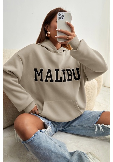 Malıbu Baskılı Oversize Sweatshirt Bej