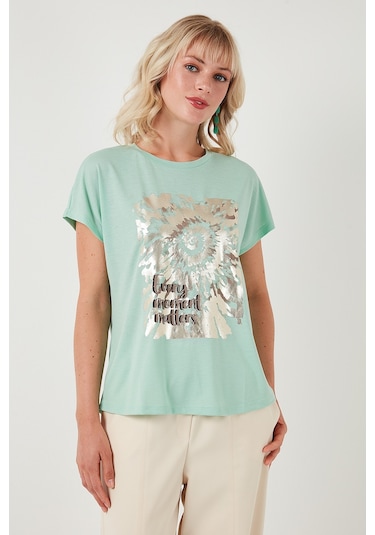 Lela Baskılı Bisiklet Yaka Regular Fit Bayan T Shirt 6671001 Mint