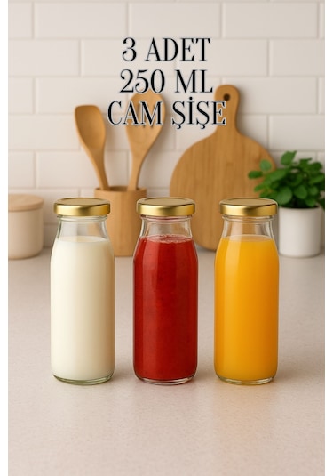3 Adet 250 Ml Beslenme Şeffaf Meyve Suyu, Meşrubat, Limonata Şişesi Metal Kapaklı 250 Cc Şişe Gold