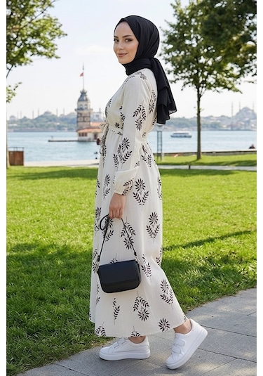Bestenur Mayra Desenli Keten Elbise 1717 - Siyah
