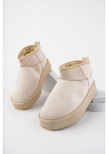 Muggo Hug Kalın Taban İçi Tüylü Günlük Mini Yarım Kadın Bot Bej