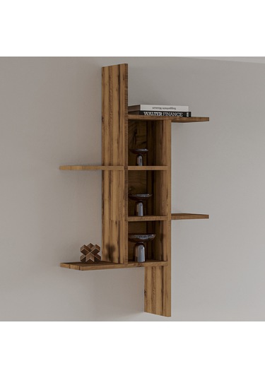 Madagaskar Duvar Rafı Asimetrik Tasarım, Duvara Monte Dekoratif Kitaplık Antik Ceviz