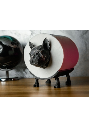 Low Poly Köpek Figürlü Tuvalet Kağıdı Tutucu Modern Dekoratif Tasarım Siyah