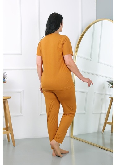 Akbeniz Kadın Büyük Beden Kısa Kol Penye Pijama Takımı Hardal 202405-hardal Hardal