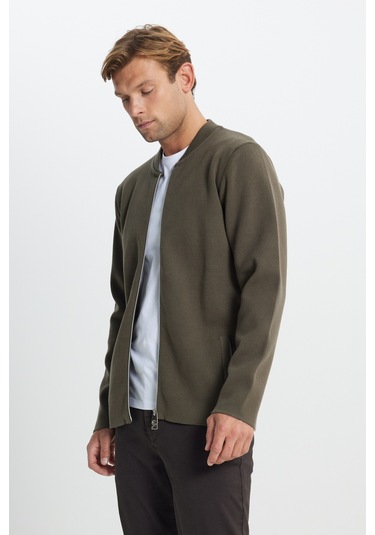 AC&Co / Altınyıldız Classics  Erkek Hakı Standart Fit Normal Kesim Kolej Yaka Cepli Triko Hırka Hakı Haki