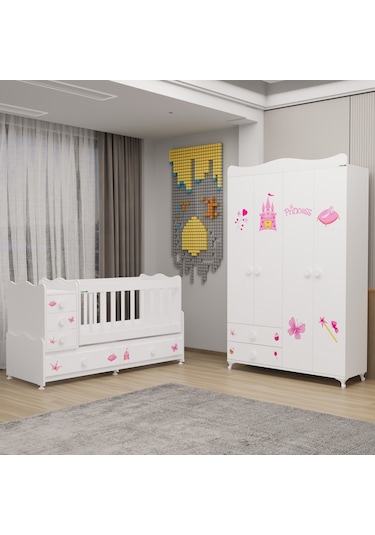 Melina Bebek Odası Yıldız 4 Kapaklı Dolap - Prenses Beyaz