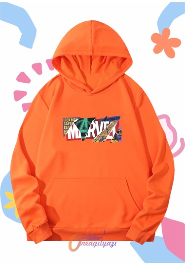 Çocuk Unisex Marvel Baskılı Oversize Kapüşönlü Sweatshirt Turuncu