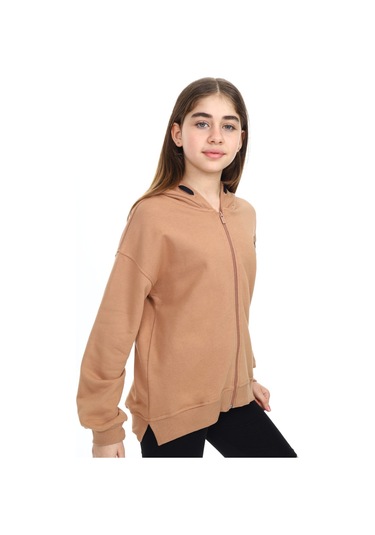 Toontoy Kız Çocuk Kapüşonlu Fermuarlı Düşük Omuz Nakış Baskılı Yırtmaç Detaylı Örme Hırka - 3 İplik Şardonsuz Kahverengi