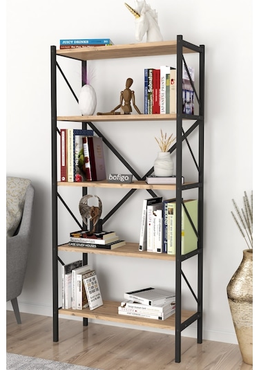 Dekoratif 5 Raflı Kitaplık Metal Kitaplık Çam