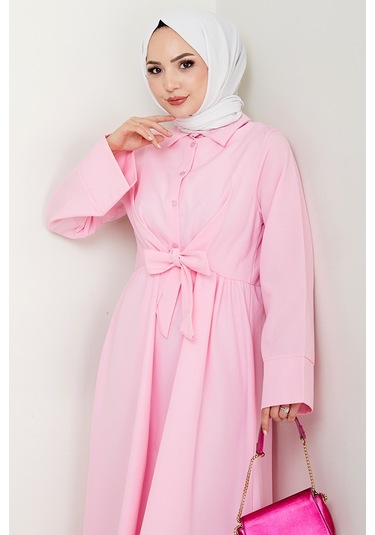 Renda Belden Bağlamalı Elbise 1467 - Pudra Pudra