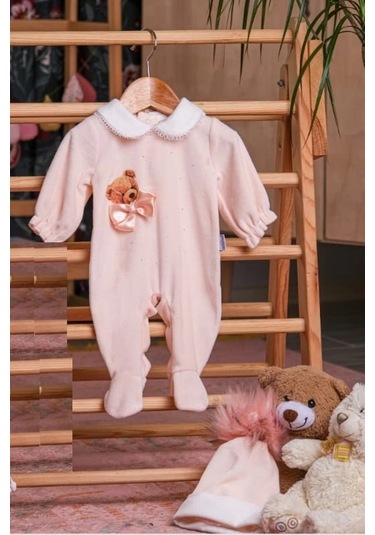 Taşlı Fiyonklu Ayı Baskılı Şapkalı Bebe Kız Tulum SOMON