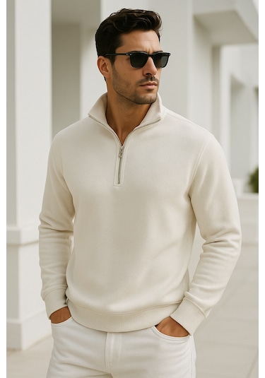 Rich Erkek Ekru Yarım Fermuarlı Sweatshirt Ekru
