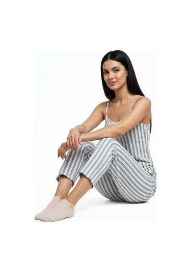 Kadın Rahat Ev & Uyku Pijama Takımı Gri Çizgili Desen Gri