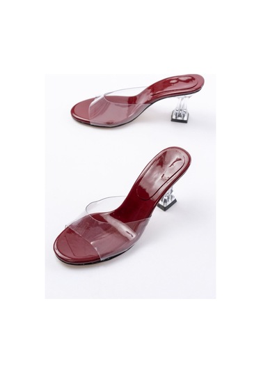 S-619 Bordo Rugan Şeffaf Bantlı Şeffaf Topuklu Yuvarlak Burunlu Kadın Terlik Renksiz