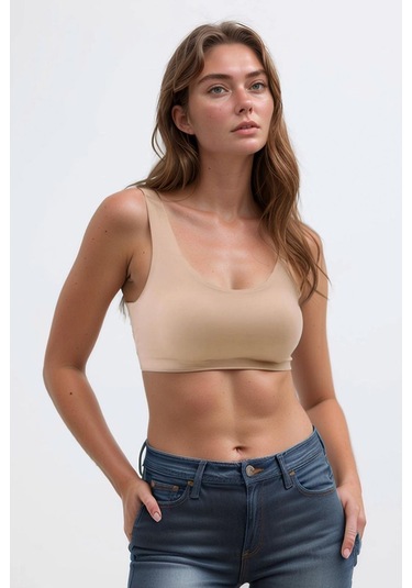 Kahverengi Dikişsiz Lazer Kesim Sütyen Pedli Kadın Hayalet Sütyen Dalga Detaylı Kahverengi