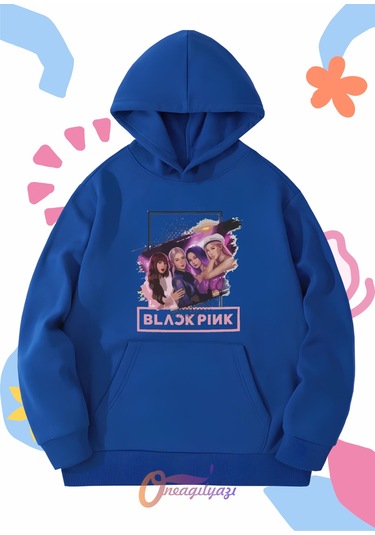 Çocuk Unisex Blackpink Kızlar Baskılı Oversize Kapüşönlü Sweatshirt Saks Mavisi