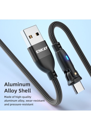 Enkay 180 Derece Dönen Usb'den Type-c 3a Hızlı Şarj Veri Kablosu Led Işıkla, Uzunluk: 1m Kırmızı